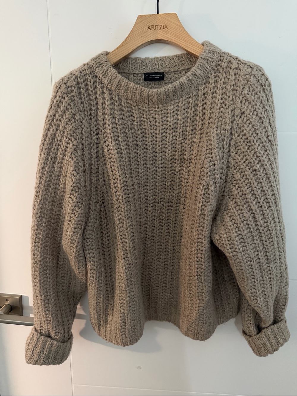Club Monaco Chunky Knit Crewneck Sweater in Beige